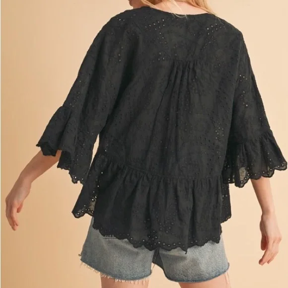 Black Ruffled Wrap Blouse with 3/4 Sleeves - Picture 3 of 9